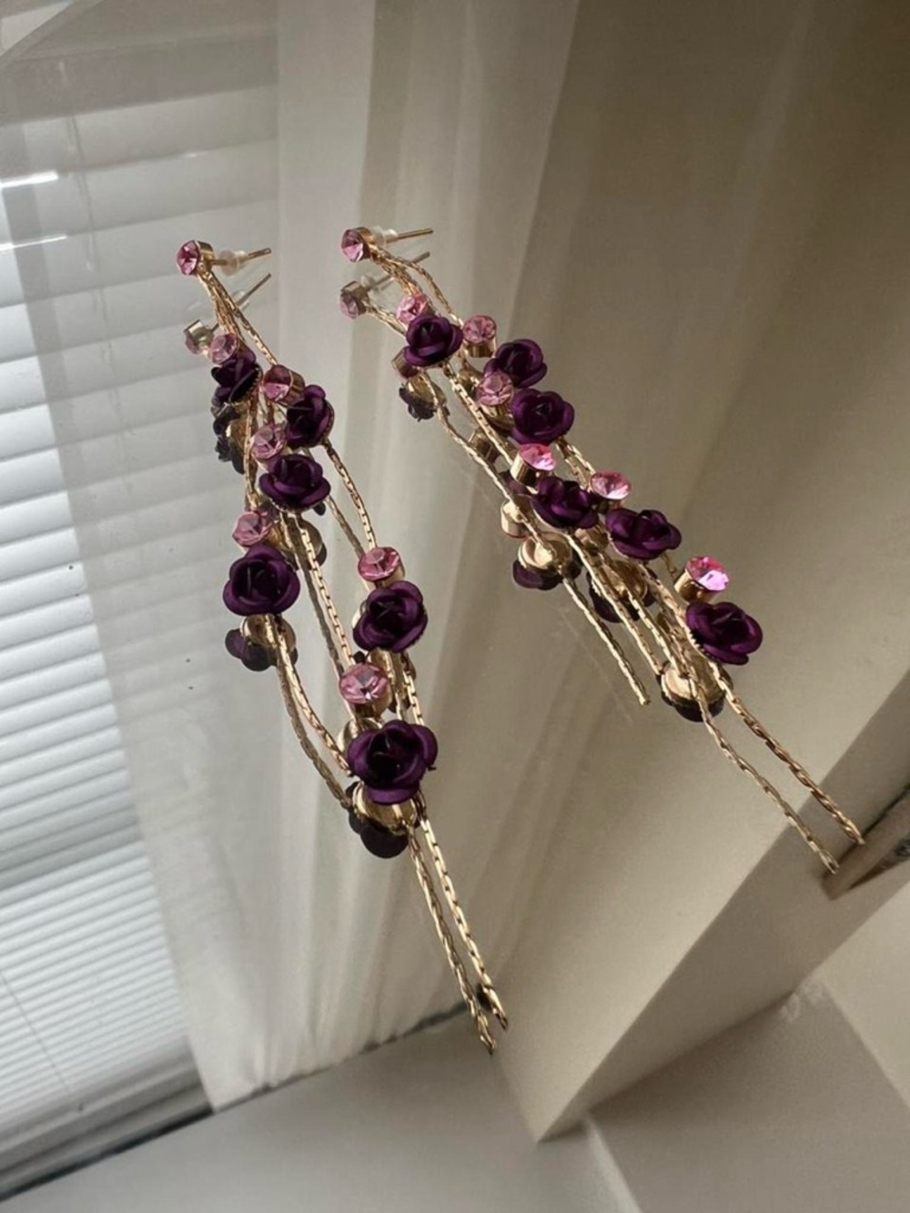 Gold-tone Floral Drop Earrings with Purple Roses and Pink Crystals